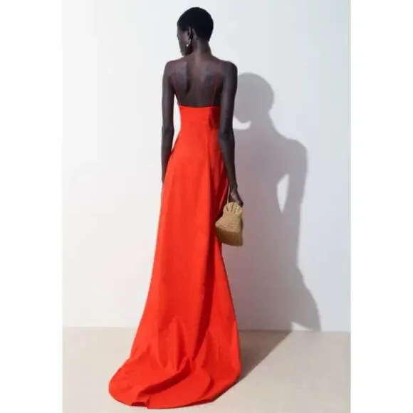 Cos Atelier Orange Linen V Neck Maxi Dress Gown with Train 8 NWT $290